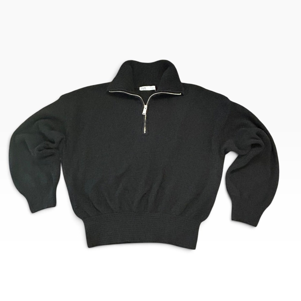 Zara Black Ribbed Quarter Zip Cropped Knit Sweater Size L Quiet Luxury - Picture 2 of 6